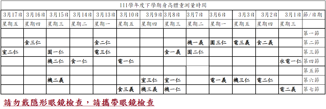 111學年度下學期身高體重測量時間