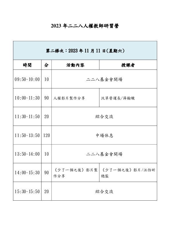 「2023年二二八人權教師研習營」第2梯次活動課程表