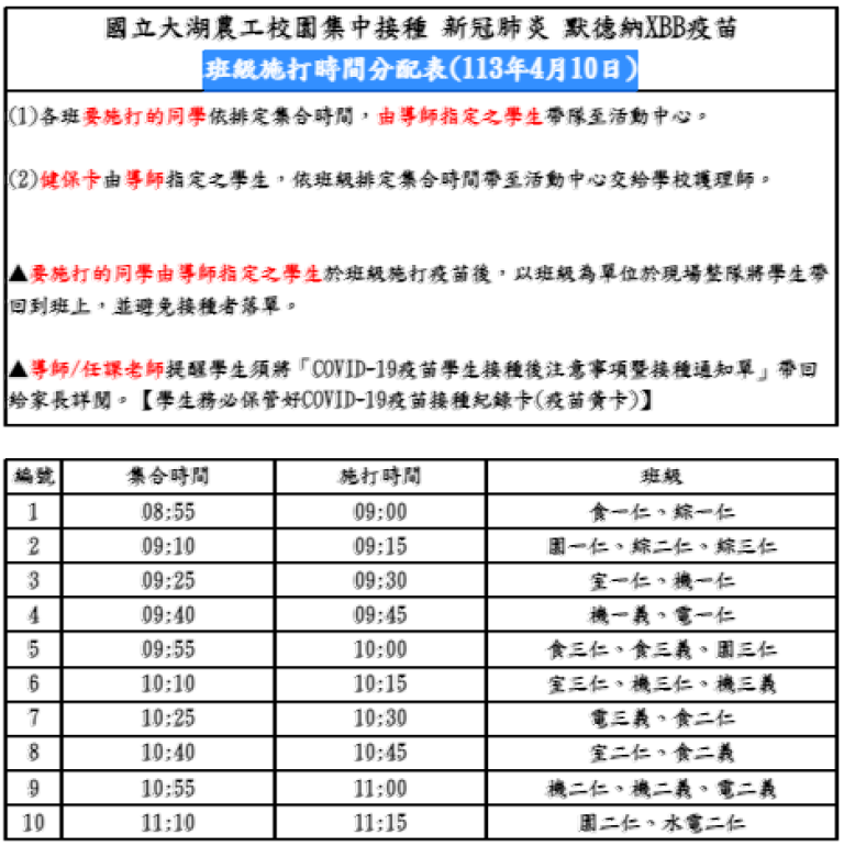 班級施打時間分配表(113年4月10日)