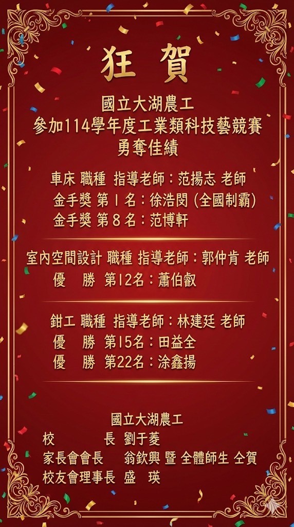 狂賀 本校參加114學年度全國高級中等學校工業類技藝競賽榮獲二金手三優勝佳績